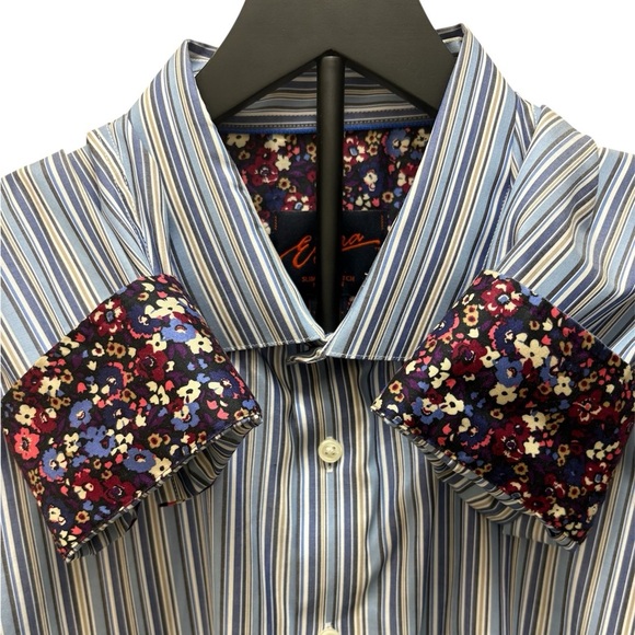 Egara Men’s Slim Fit Blue Tan White Striped Dress Shirt Floral Cuff/Neckline XL - Picture 7 of 10
